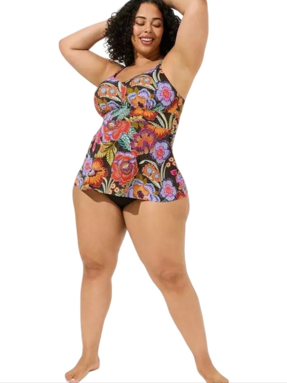 Torrid Black Floral Swim Top with Orange and Pink Accents Plus Size 2 2X